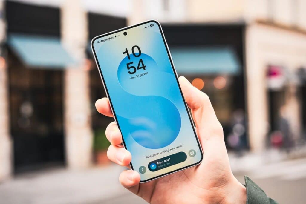 Main tenant smartphone affichant écran d'accueil.