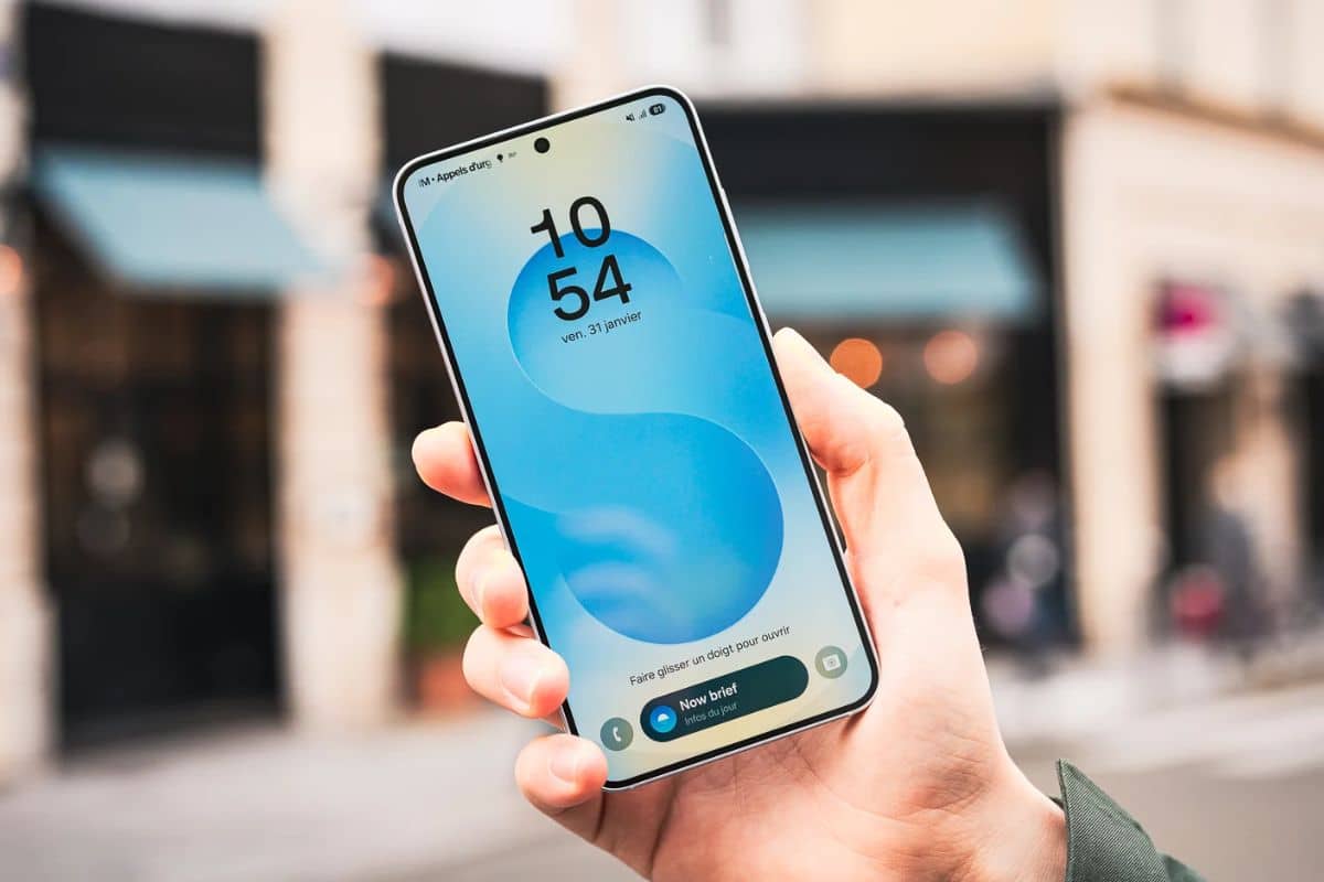 Main tenant smartphone affichant écran d'accueil.