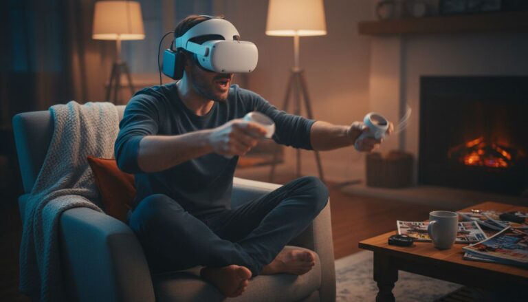 Homme jouant en réalité virtuelle chez lui.