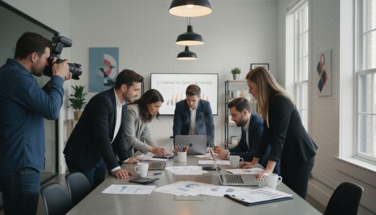 Réunion d'équipe autour d'une table avec documents.