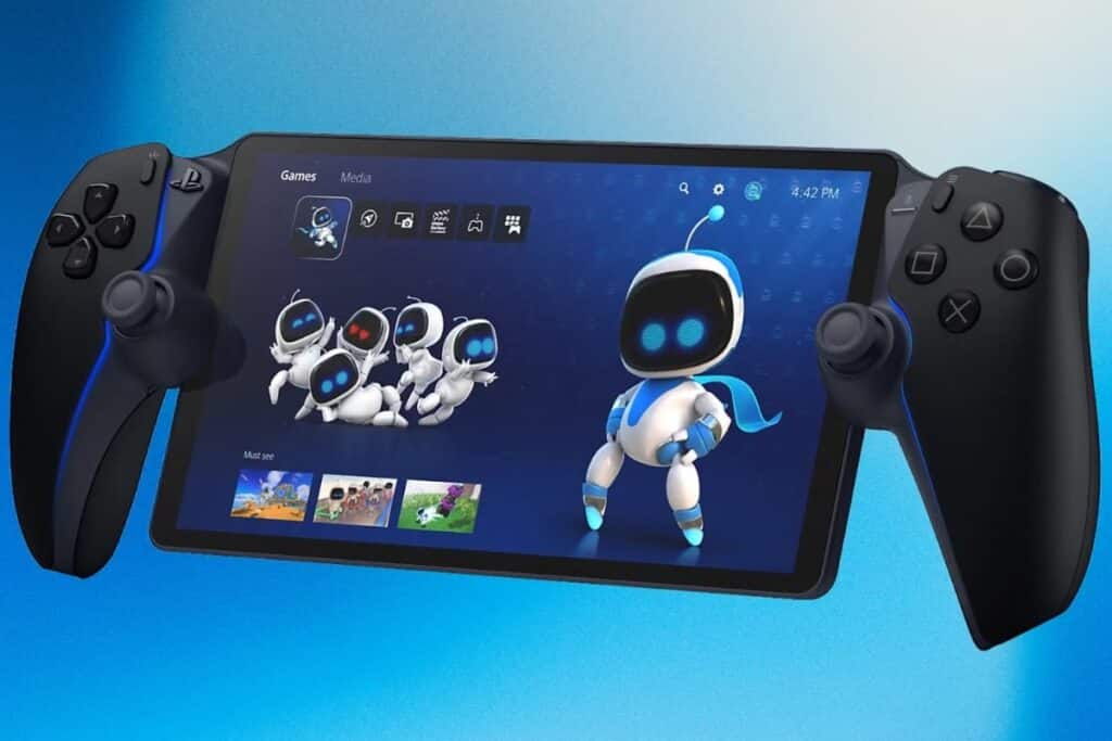 Console de jeu portable avec écran affichant des robots.