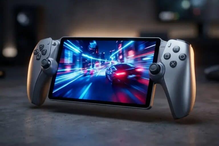 Console de jeu portable avec écran allumé, design moderne.