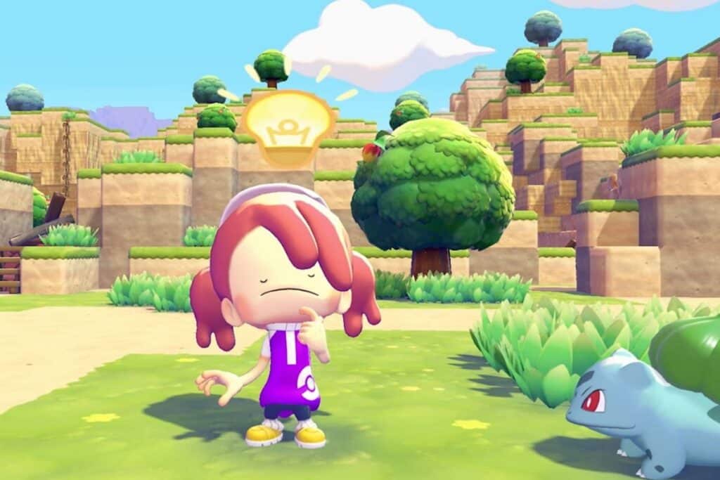 Personnage pensant avec bulle d'idée et Bulbizarre, paysage.