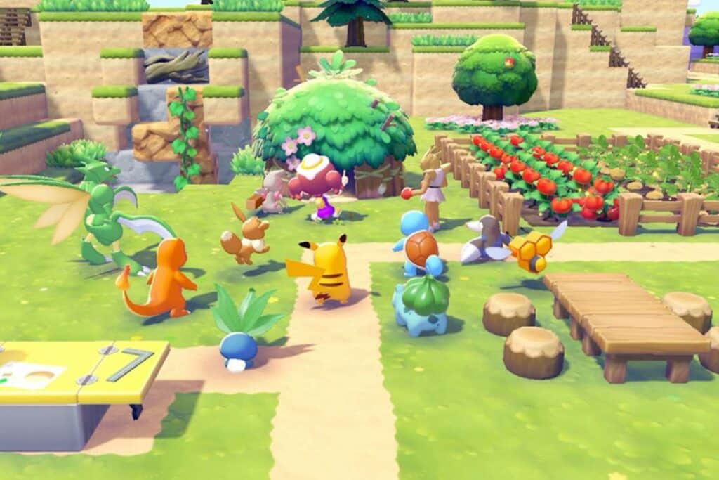Pokémons dans un jardin virtuel coloré.