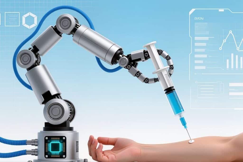 Bras robotique injectant une seringue dans un bras.