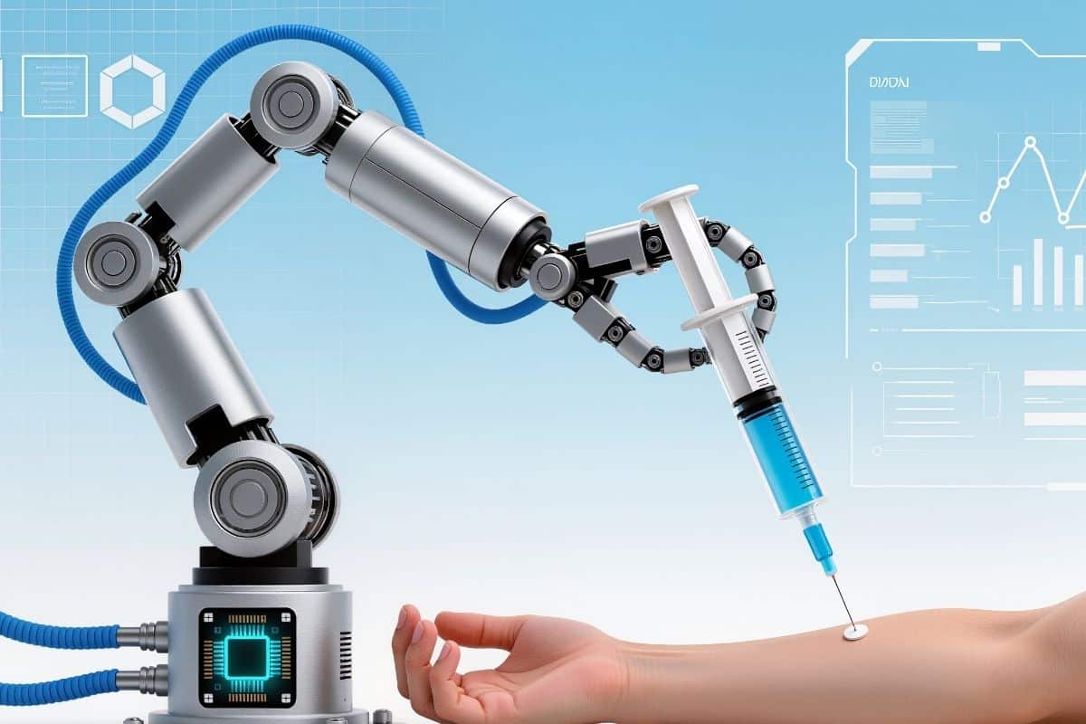 Bras robotique injectant une seringue dans un bras.