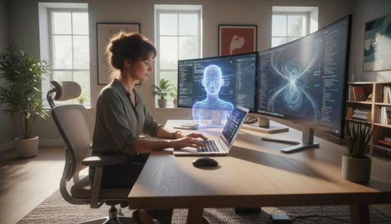 Femme travaillant sur ordinateur avec hologramme.