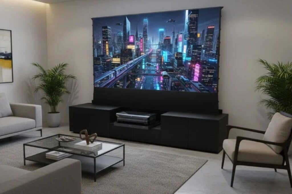 Salon moderne avec écran cinéma et décoration élégante.