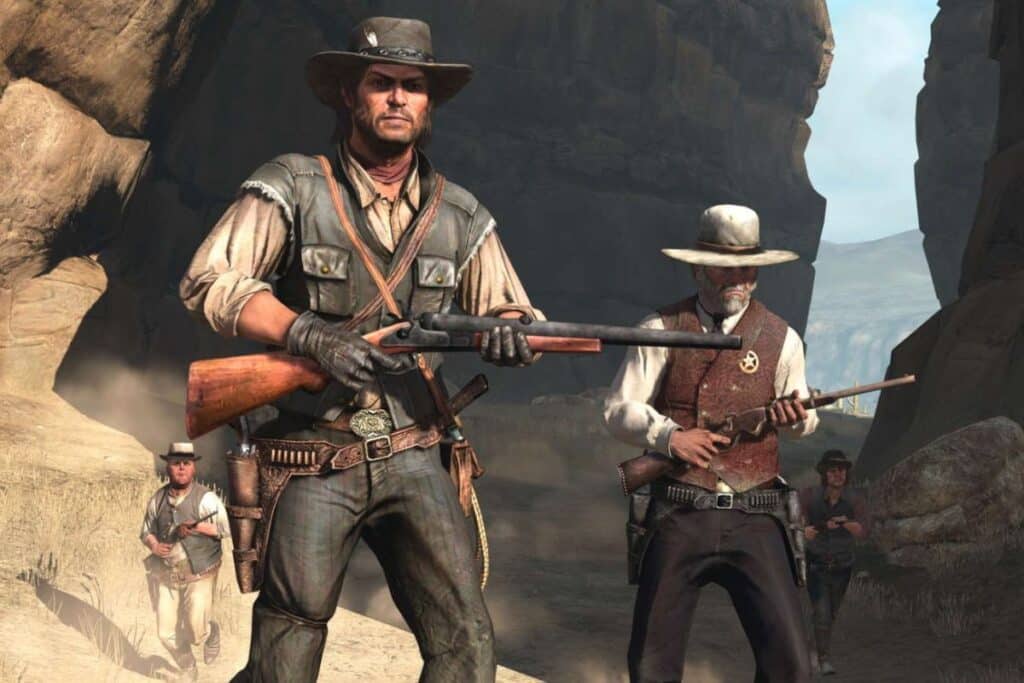 Personnages de western préparant leurs armes dans un canyon.