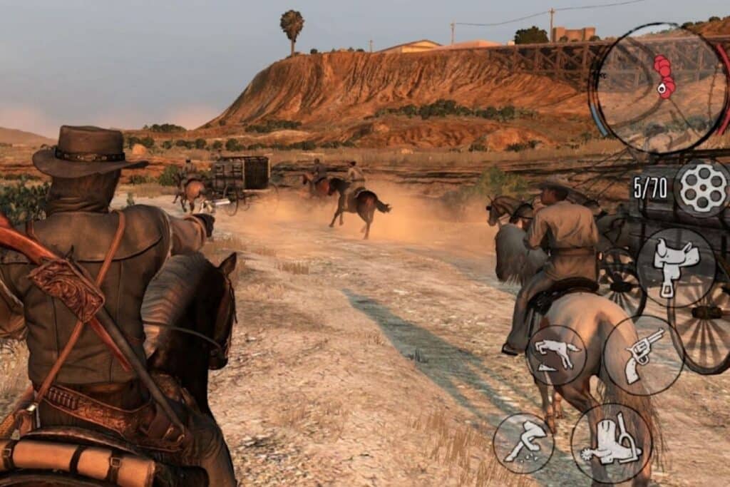 Scène de jeu vidéo avec cowboys à cheval.