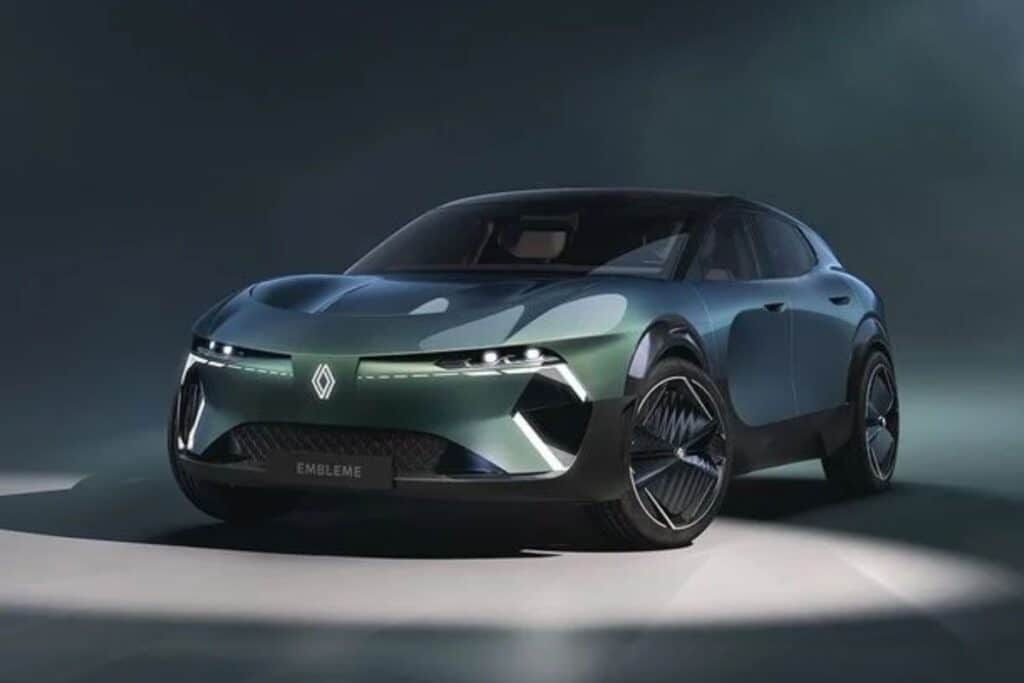 Voiture concept avec design futuriste et emblème.
