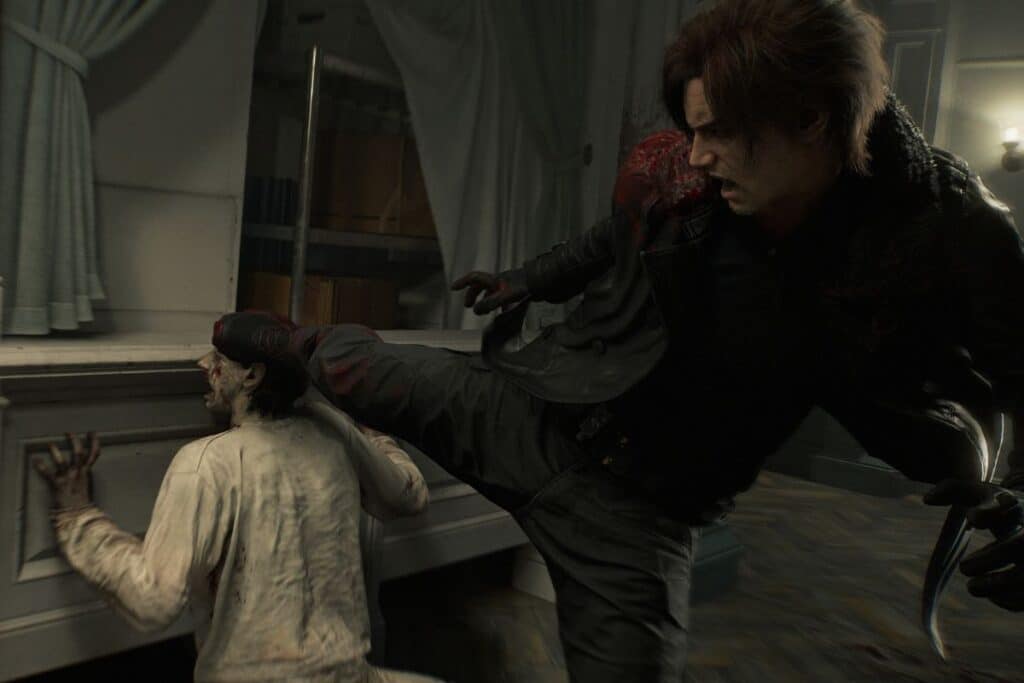 Personnage combat un zombie dans un bâtiment sombre.