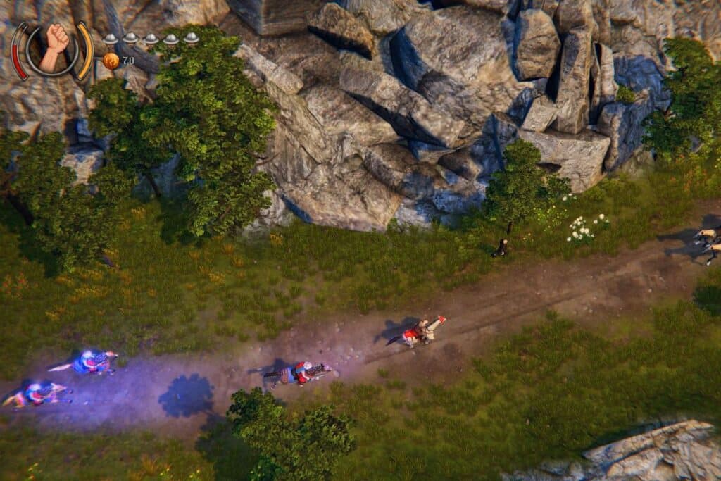 Cavaliers sur un chemin forestier rocheux.