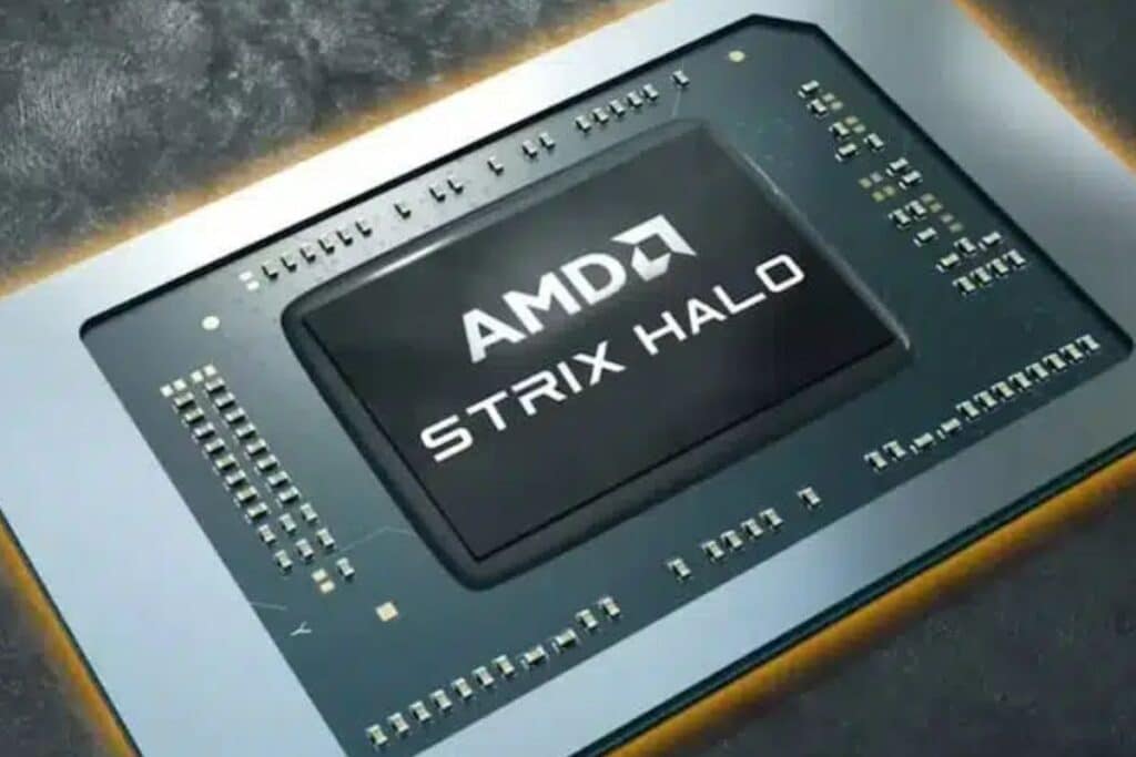 Processeur AMD Strix Halo sur fond métallique.
