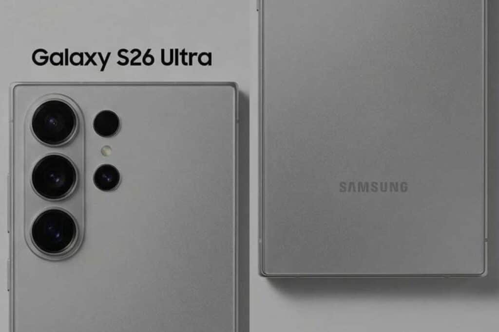 Smartphone Galaxy S26 Ultra gris, vue arrière et face.