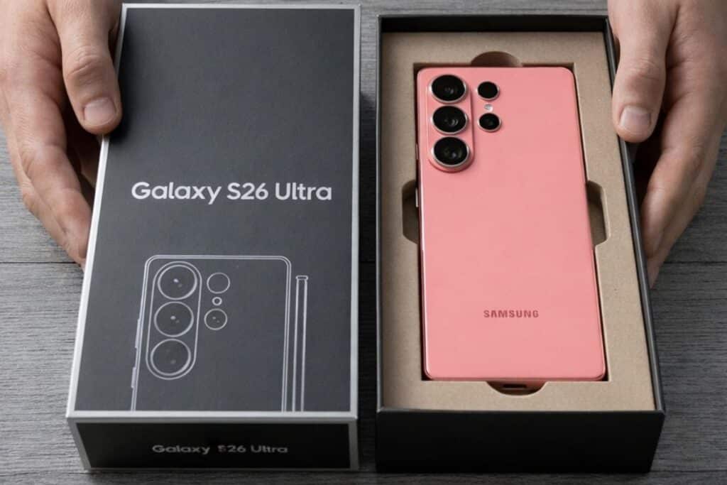 Smartphone rose Samsung Galaxy dans sa boîte.