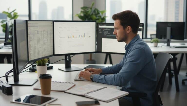 Analyste examine données sur ordinateurs de bureau.