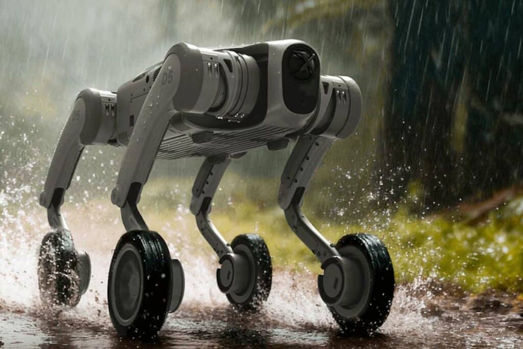 Robot quadrupède roulant sous la pluie en forêt.