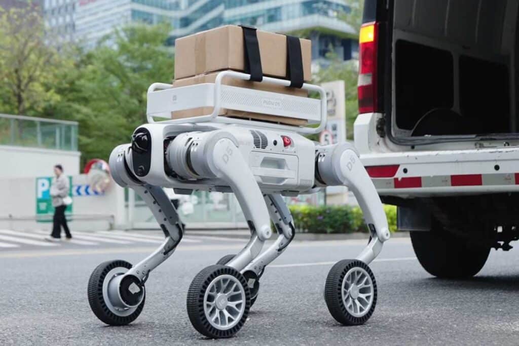 Robot à roulettes transportant des colis.