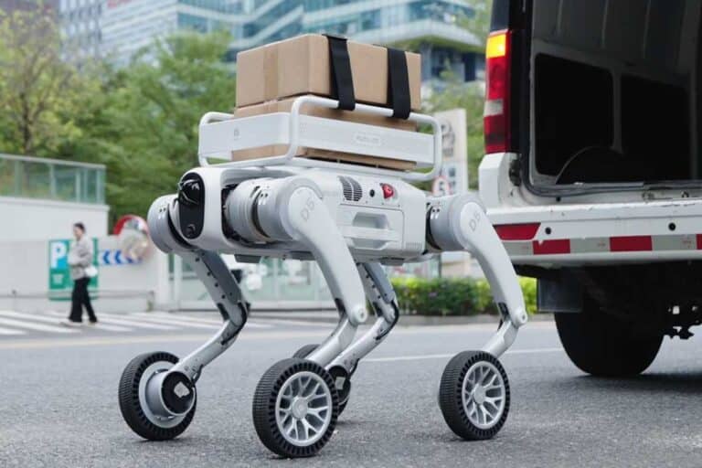 Robot à roulettes transportant des colis.