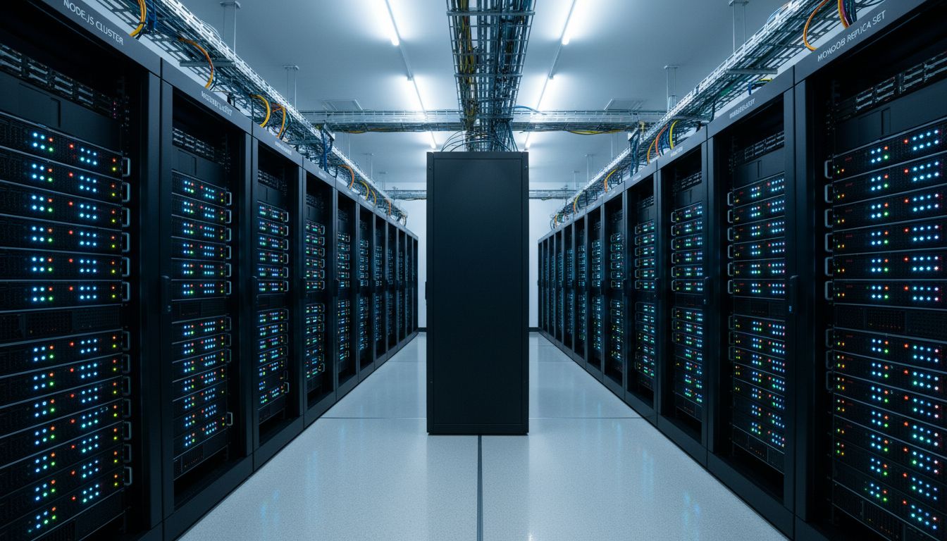 Centre de données avec serveurs alignés et câblages.