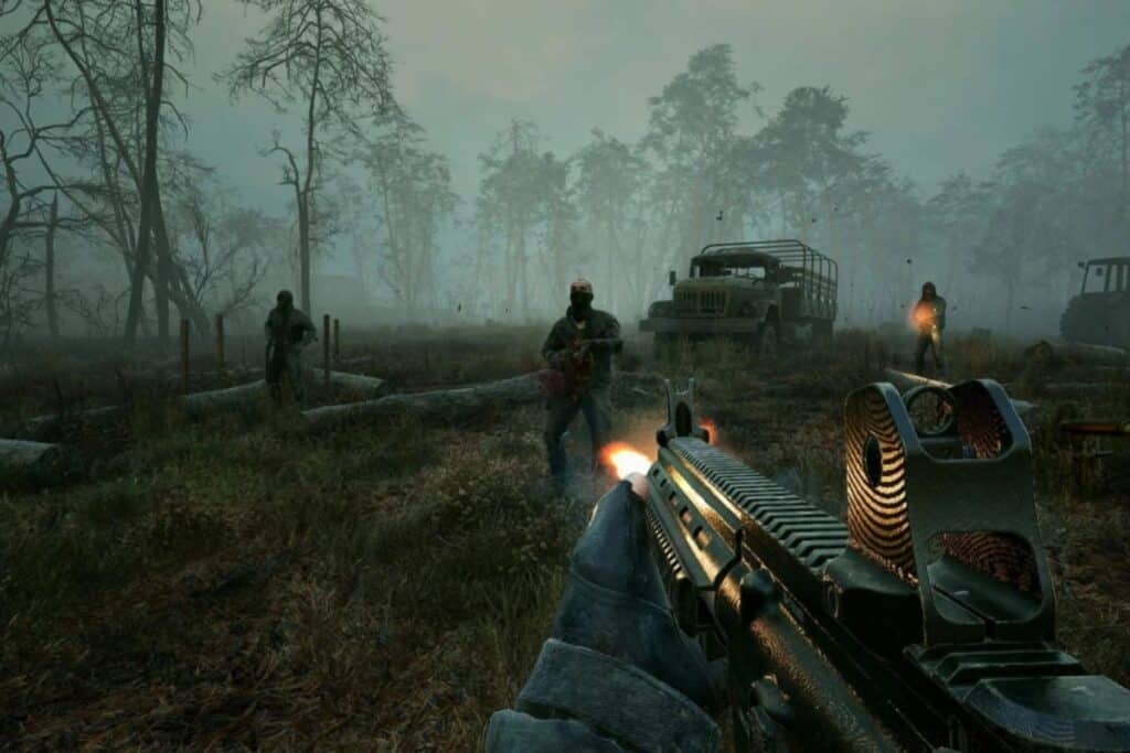 Jeu de tir à la première personne, ambiance sombre.