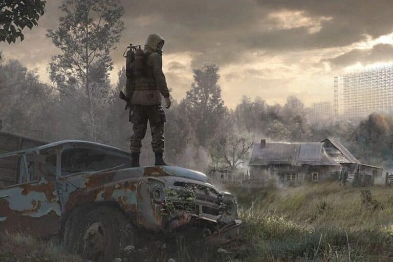 Personne masquée sur véhicule rouillé, paysage post-apocalyptique.