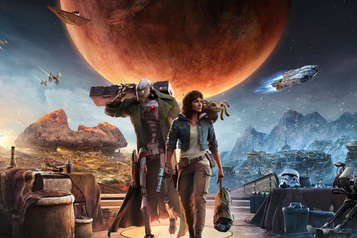 Personnages futuristes avec planète orange en arrière-plan.