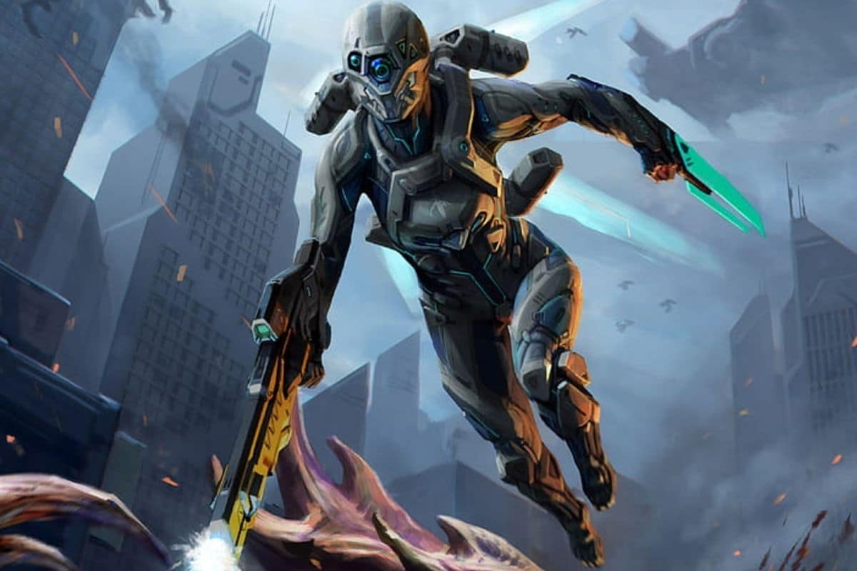 Soldat futuriste combattant dans une ville dévastée.