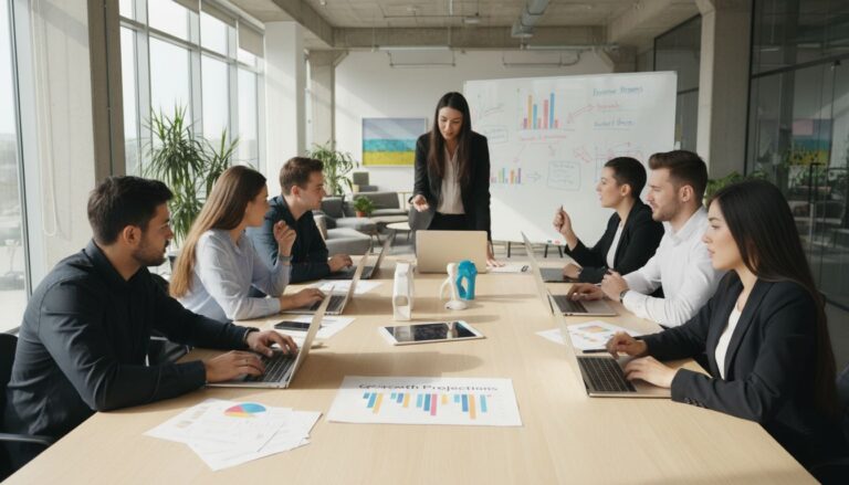 Réunion d'équipe avec présentation graphique.