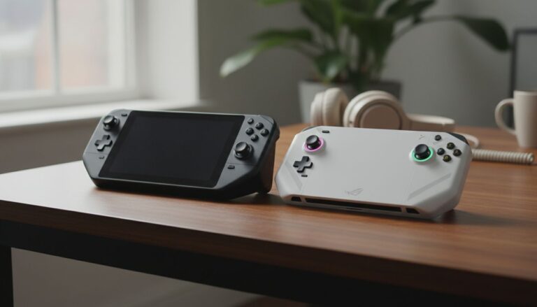 Deux consoles portables sur un bureau en bois.