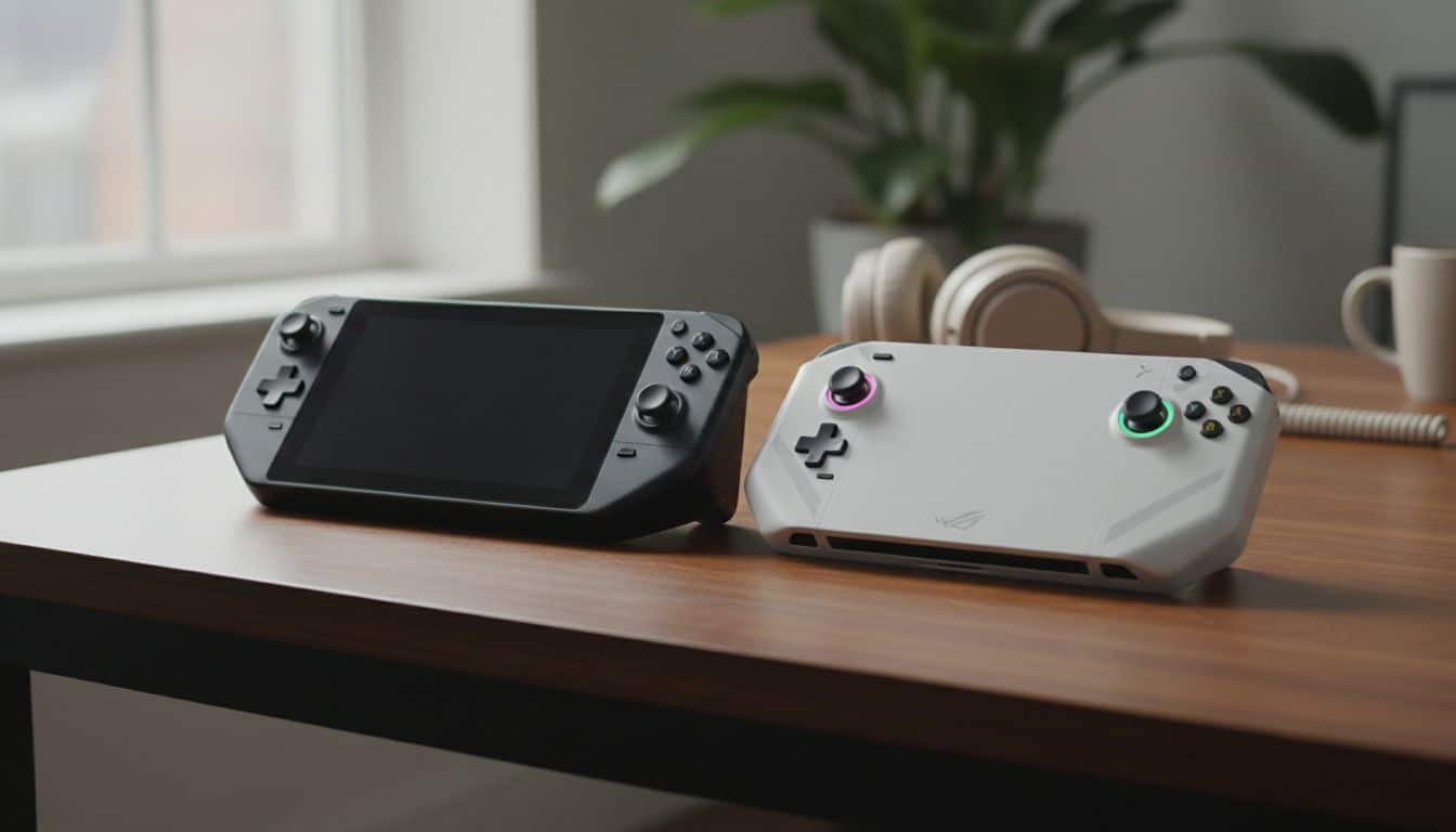 Deux consoles portables sur un bureau en bois.