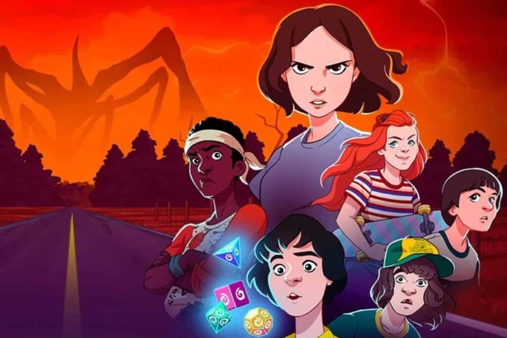 Personnages animés avec arrière-plan orange et sombre.