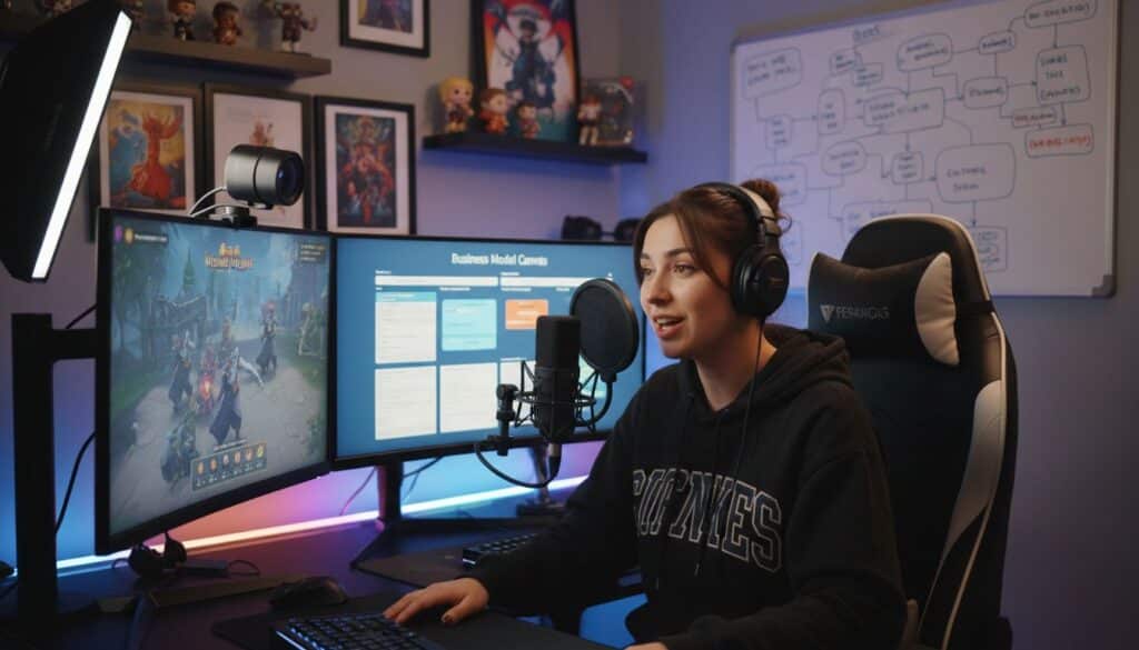 Femme jouant à un jeu vidéo devant ordinateur.