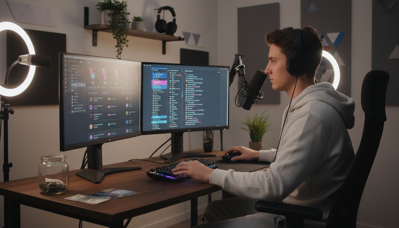 Homme jouant sur ordinateur avec casque et microphone.