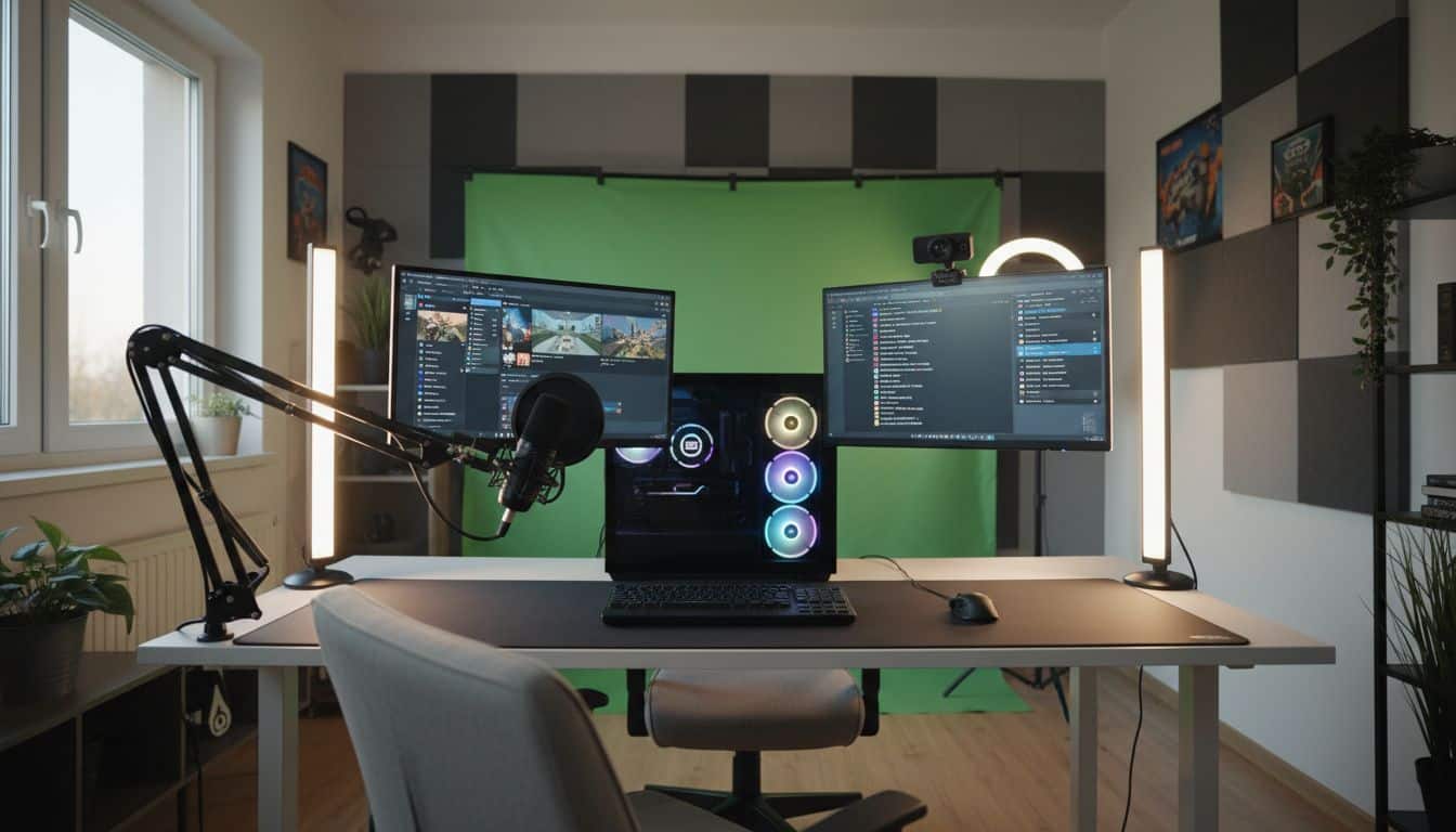 Poste de travail avec deux écrans et micro.