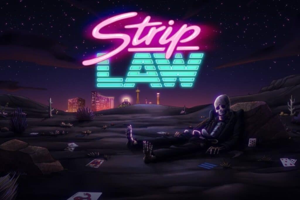 Désert nocturne avec squelette sous enseigne "Strip Law".