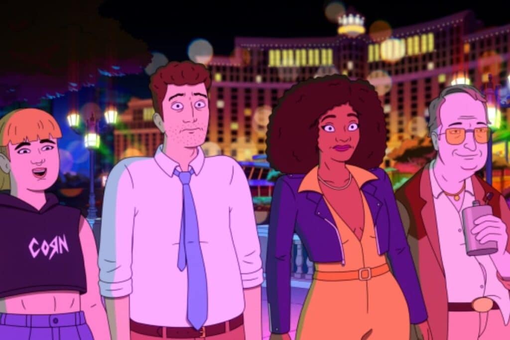 Quatre personnages animés devant un casino illuminé la nuit.