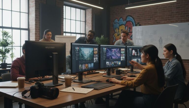 Réunion équipe devant ordinateurs dans un bureau moderne.