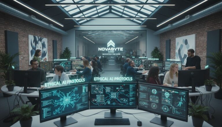 Bureau moderne avec écrans et personnes travaillant sur IA.