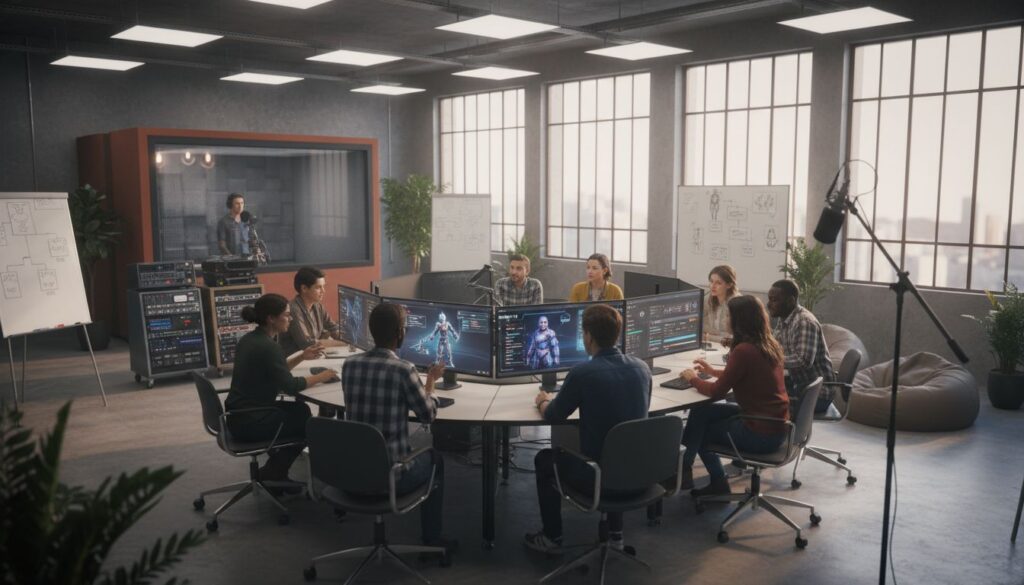 Réunion de développement de jeux vidéo en équipe.