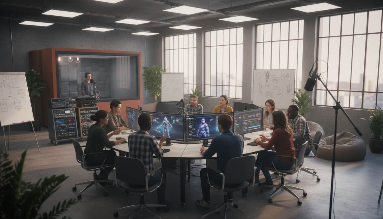Réunion de développement de jeux vidéo en équipe.