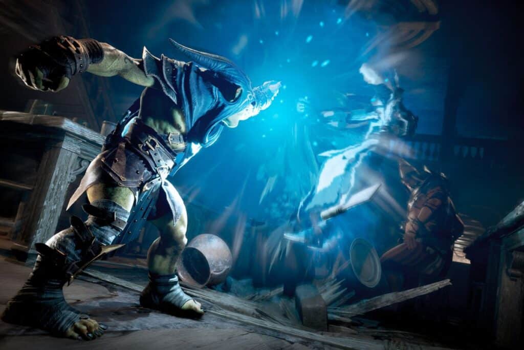 Personnage en combat dans un jeu vidéo fantastique.