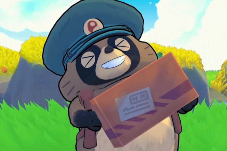 Raton laveur mascotte souriant avec colis postal.