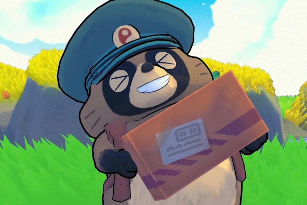 Raton laveur mascotte souriant avec colis postal.