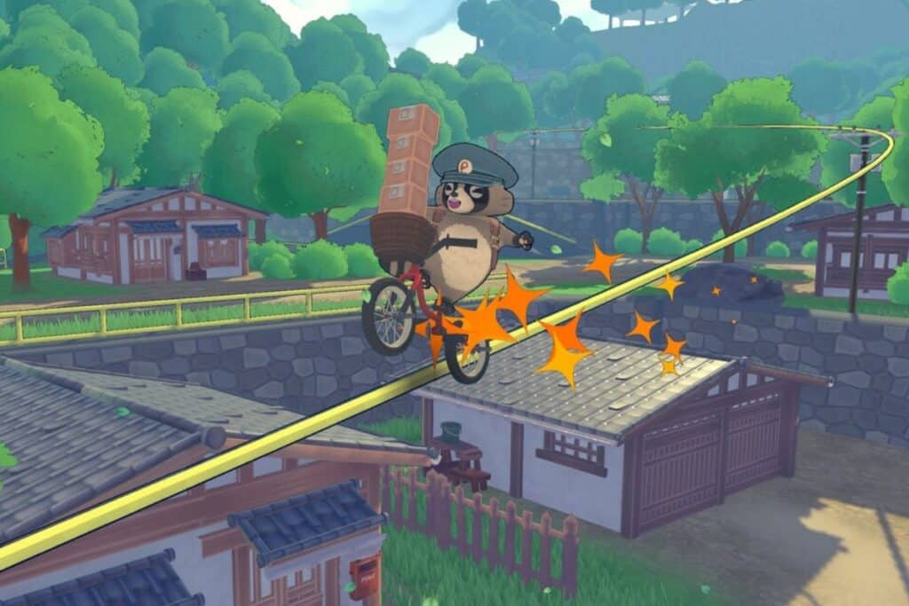 Panda facteur sur un vélo sur rail lumineux.