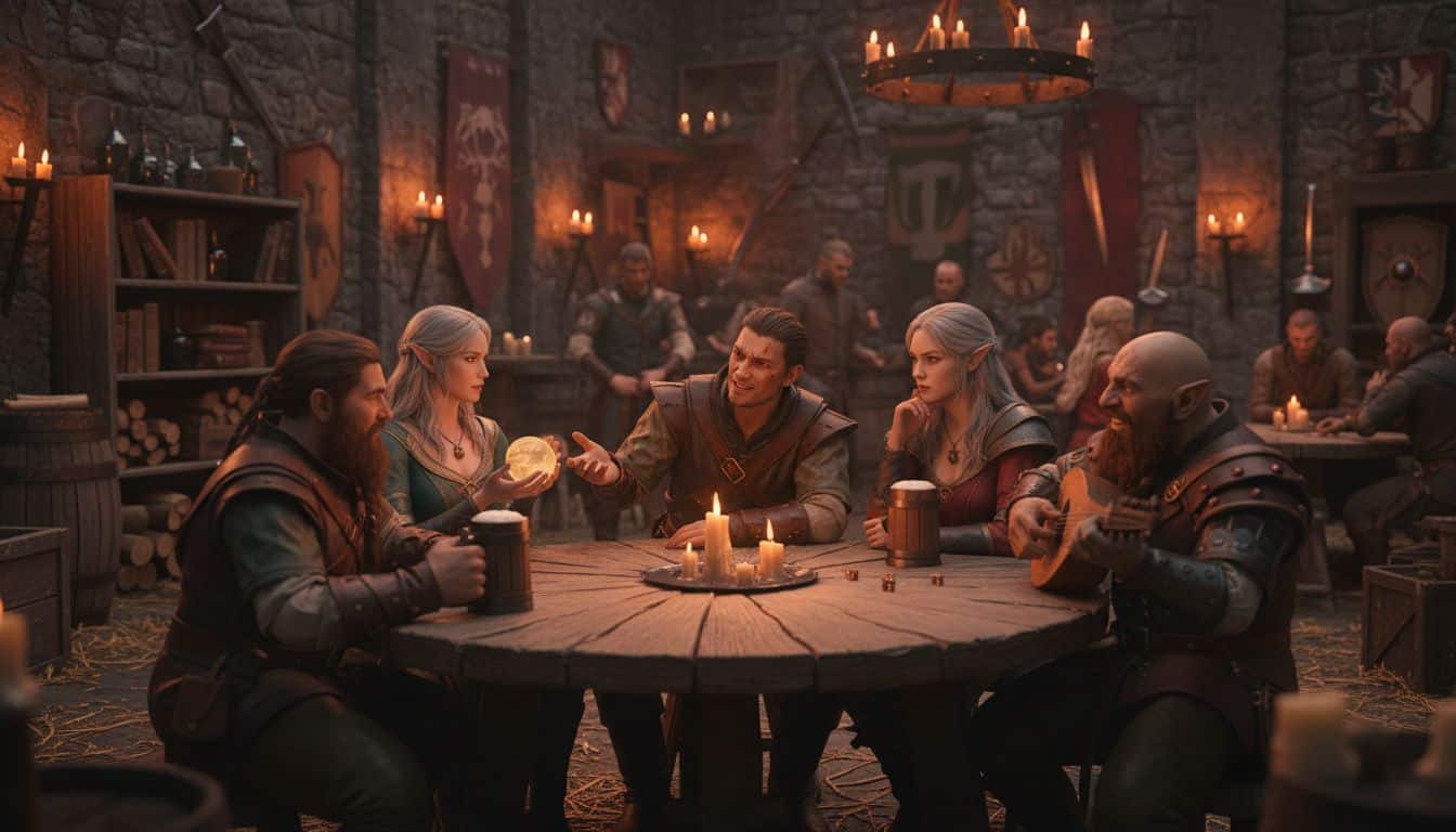 Personnages médiévaux discutant autour d'une table en taverne.