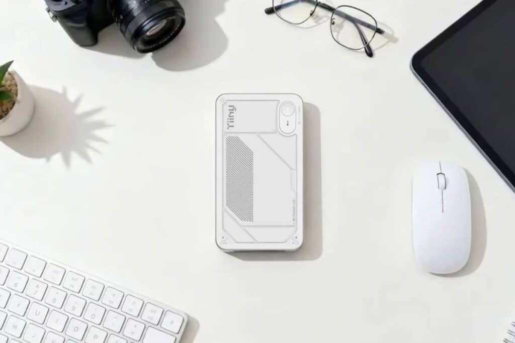 Bureau avec accessoires technologiques modernes et plante.