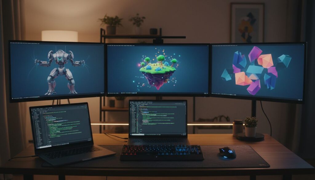 Poste de travail avec trois écrans et deux ordinateurs.