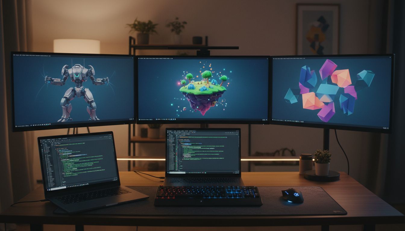 Poste de travail avec trois écrans et deux ordinateurs.